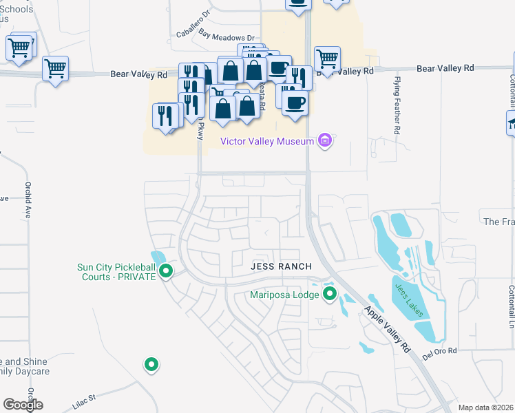 map of restaurants, bars, coffee shops, grocery stores, and more near 11704 Juniper Drive in Apple Valley