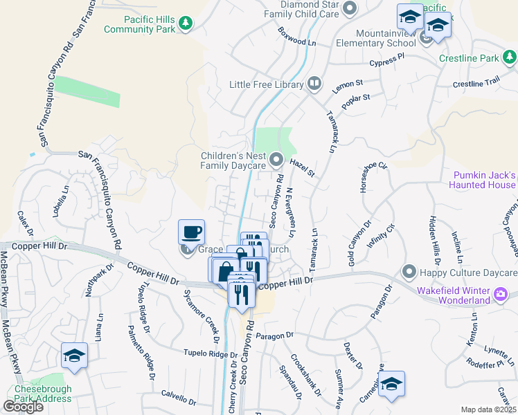 map of restaurants, bars, coffee shops, grocery stores, and more near 28325 Seco Canyon Road in Santa Clarita