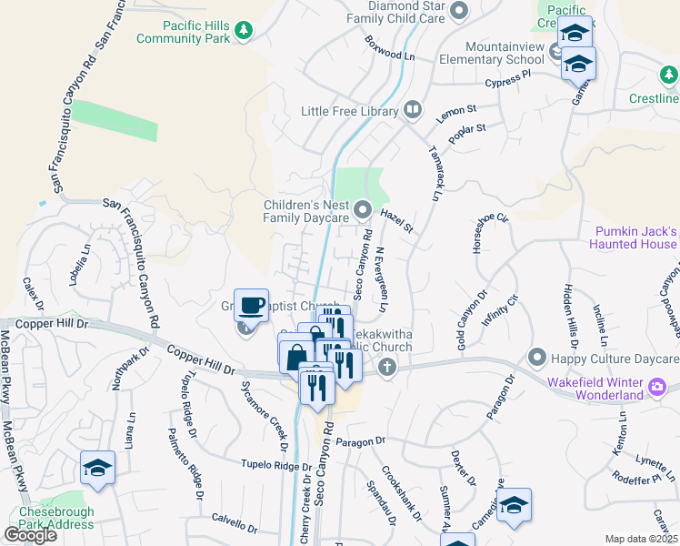 map of restaurants, bars, coffee shops, grocery stores, and more near 28325 Seco Canyon Road in Santa Clarita