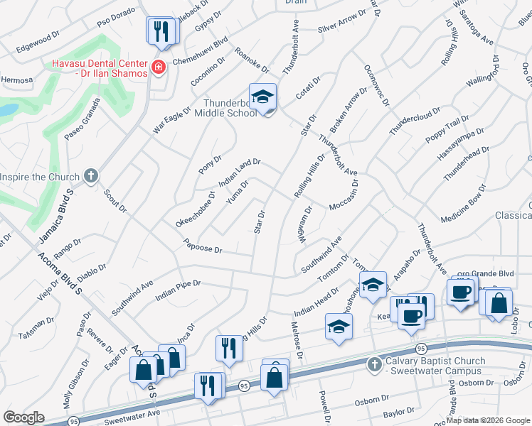 map of restaurants, bars, coffee shops, grocery stores, and more near 2950 Star Drive in Lake Havasu City