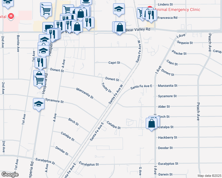 map of restaurants, bars, coffee shops, grocery stores, and more near 17404 Trinity Drive in Hesperia