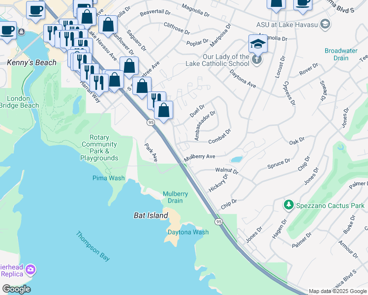 map of restaurants, bars, coffee shops, grocery stores, and more near 1700 Combat Drive in Lake Havasu City