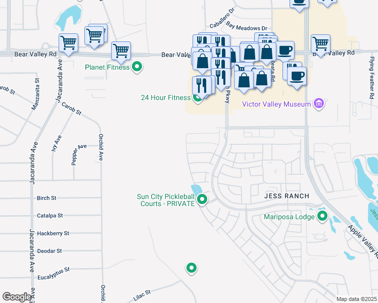 map of restaurants, bars, coffee shops, grocery stores, and more near 18856 Copper Street in Apple Valley