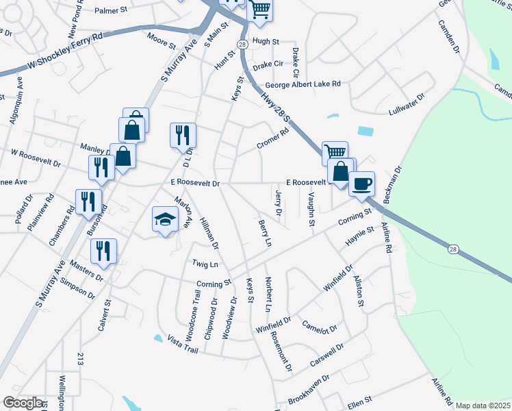 map of restaurants, bars, coffee shops, grocery stores, and more near 5 Honeysuckle Lane in Anderson