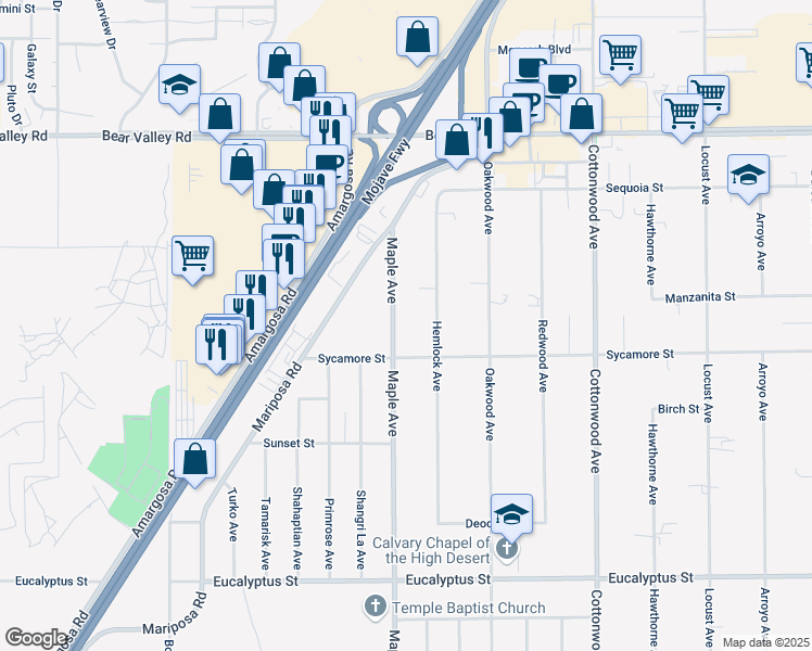 map of restaurants, bars, coffee shops, grocery stores, and more near 11747 Maple Avenue in Hesperia