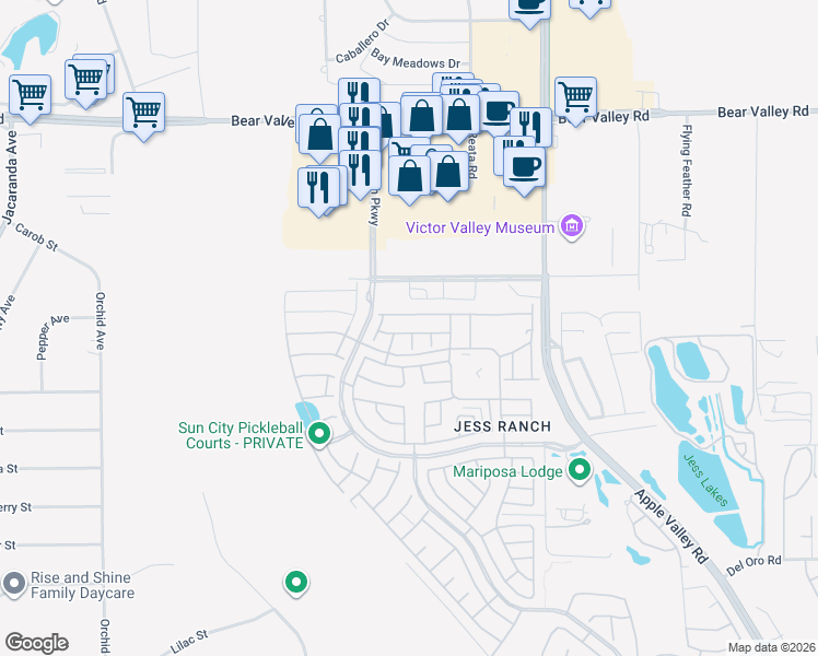 map of restaurants, bars, coffee shops, grocery stores, and more near 19054 Cedar Drive in Apple Valley