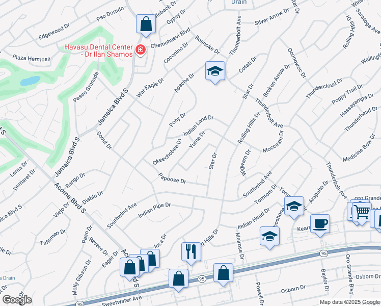 map of restaurants, bars, coffee shops, grocery stores, and more near 2910 Indian Springs Drive in Lake Havasu City