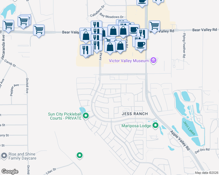 map of restaurants, bars, coffee shops, grocery stores, and more near 19054 Cedar Drive in Apple Valley