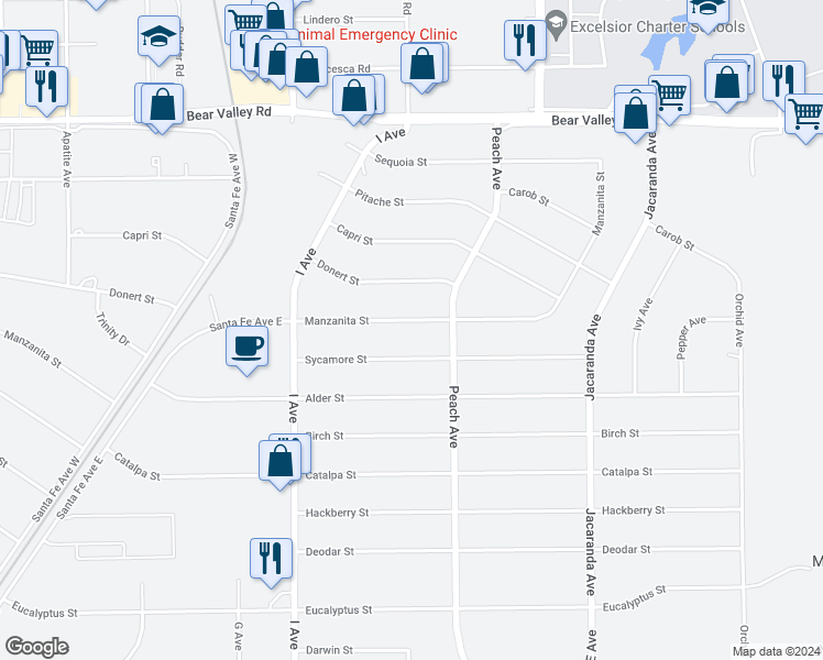map of restaurants, bars, coffee shops, grocery stores, and more near 17915 Manzanita Street in Hesperia