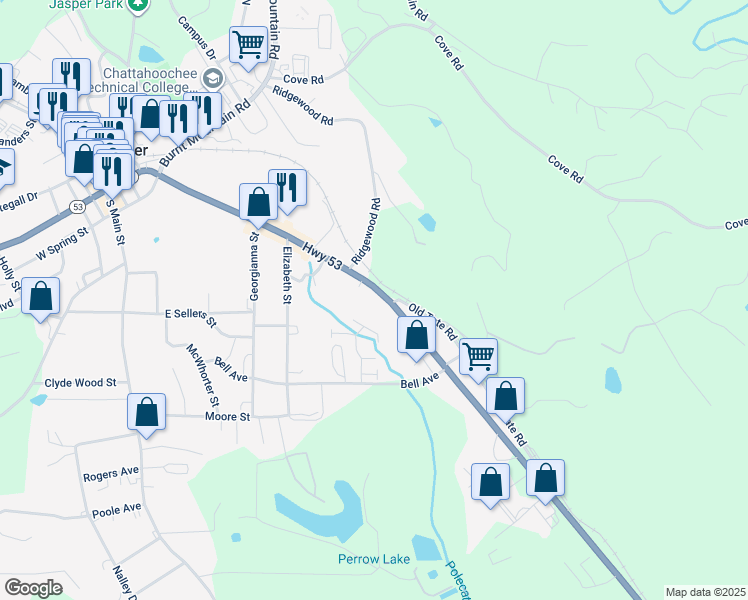 map of restaurants, bars, coffee shops, grocery stores, and more near 770 East Church Street in Jasper