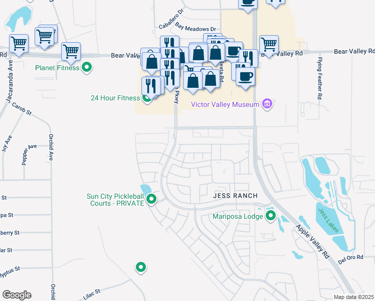 map of restaurants, bars, coffee shops, grocery stores, and more near 19042 Cedar Drive in Apple Valley