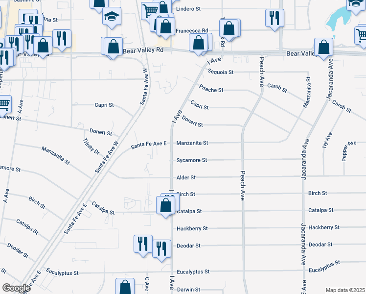 map of restaurants, bars, coffee shops, grocery stores, and more near 17741 Manzanita Street in Hesperia