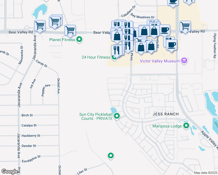 map of restaurants, bars, coffee shops, grocery stores, and more near 18856 Copper Street in Apple Valley