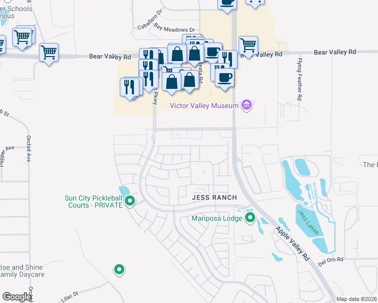 map of restaurants, bars, coffee shops, grocery stores, and more near 19144 Cedar Drive in Apple Valley