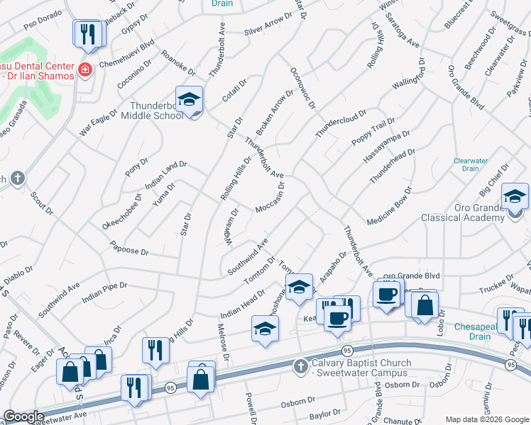 map of restaurants, bars, coffee shops, grocery stores, and more near 3124 Moccasin Drive in Lake Havasu City
