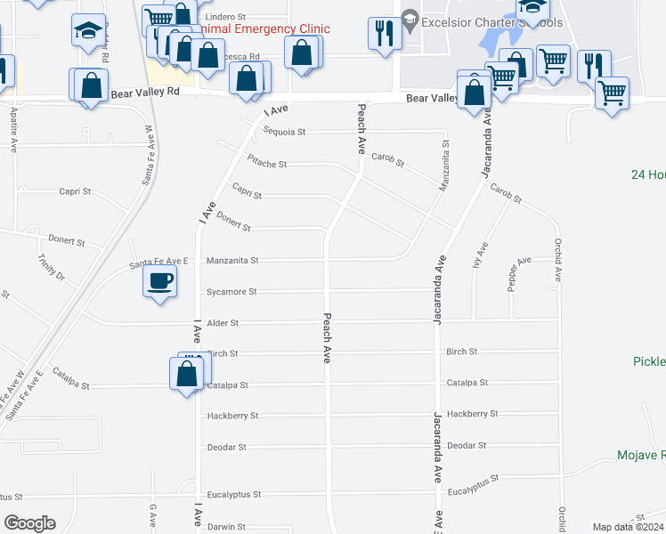 map of restaurants, bars, coffee shops, grocery stores, and more near 18001 Manzanita Street in Hesperia