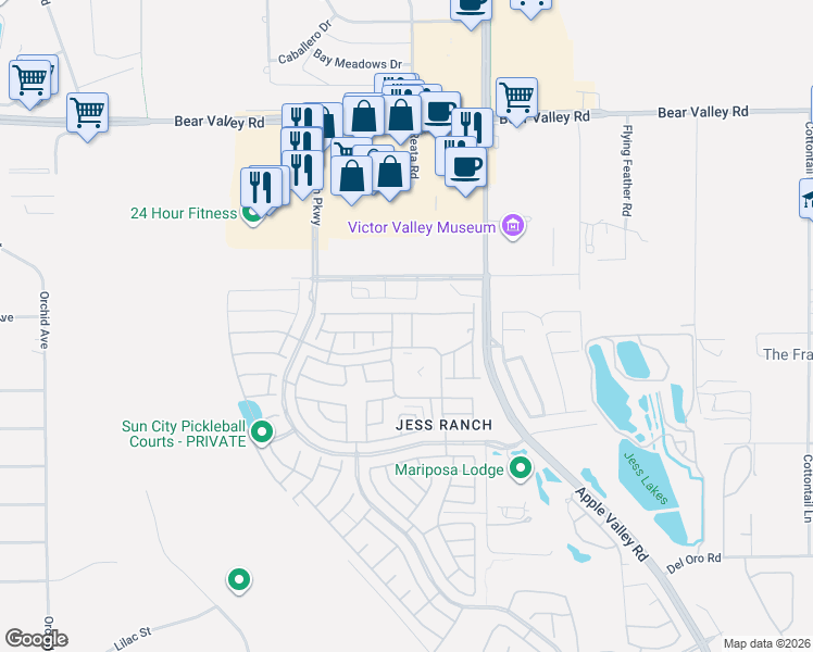 map of restaurants, bars, coffee shops, grocery stores, and more near 11693 Ash Street in Apple Valley