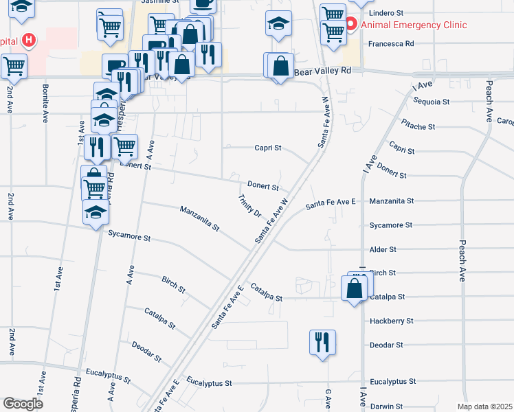 map of restaurants, bars, coffee shops, grocery stores, and more near 17404 Trinity Drive in Hesperia