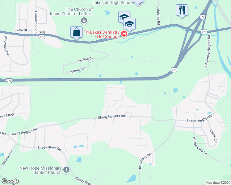 map of restaurants, bars, coffee shops, grocery stores, and more near 109 Haymaker Place in Garland County