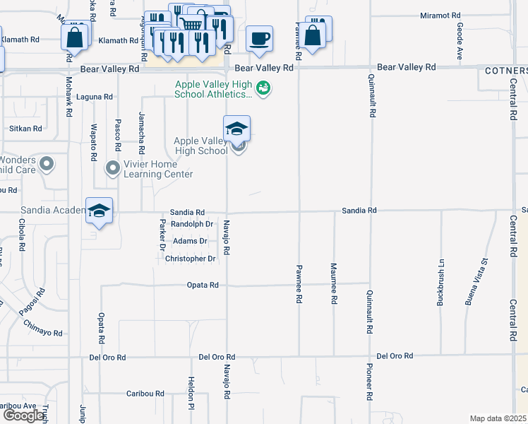 map of restaurants, bars, coffee shops, grocery stores, and more near Sandia Road in Apple Valley