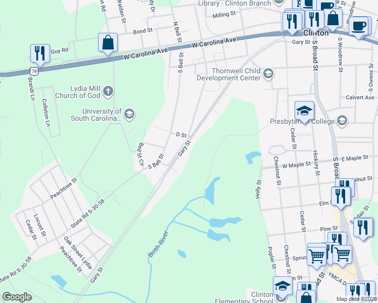 map of restaurants, bars, coffee shops, grocery stores, and more near 511 Gary Street in Clinton