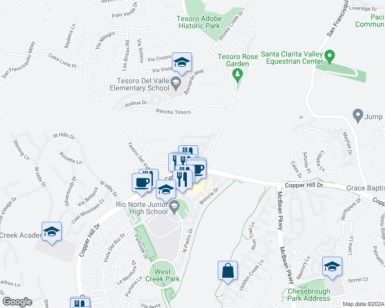 map of restaurants, bars, coffee shops, grocery stores, and more near 28931 Via ADELENA in Santa Clarita