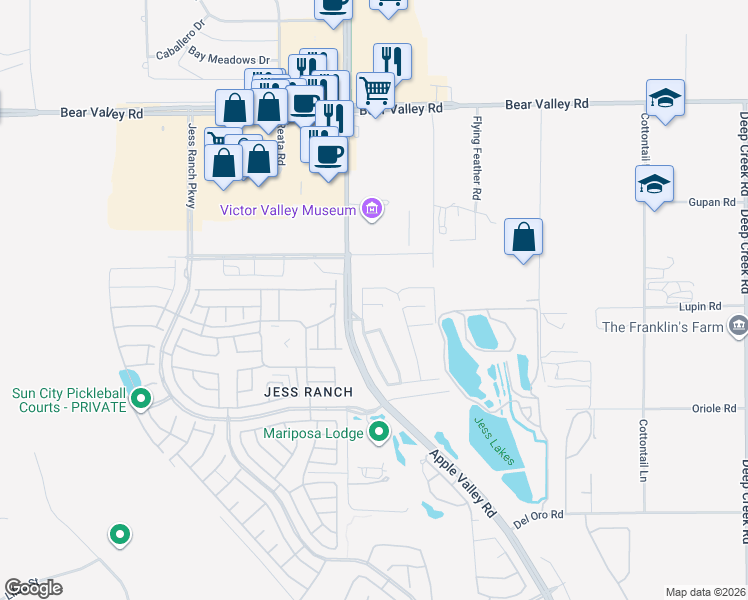 map of restaurants, bars, coffee shops, grocery stores, and more near 19324 Birdie Way in Apple Valley