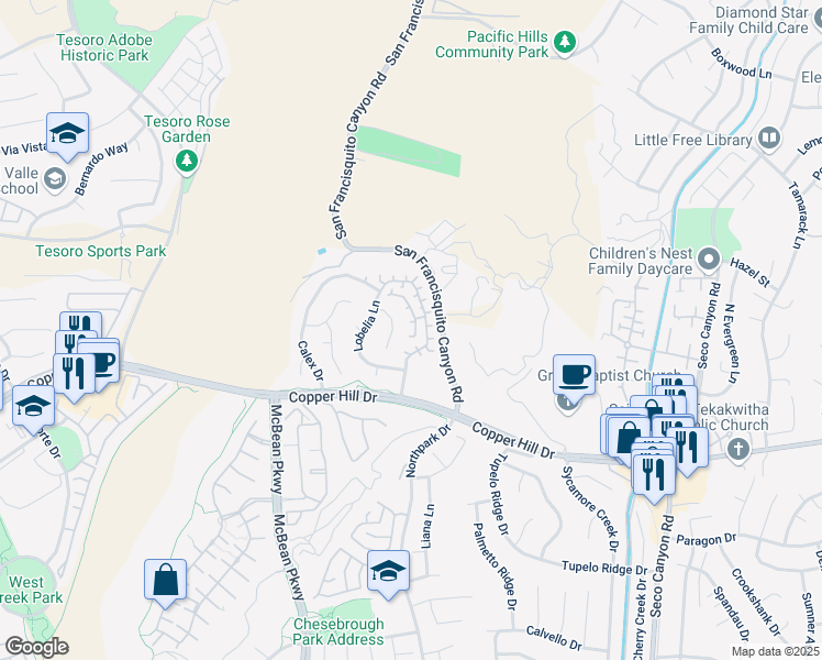 map of restaurants, bars, coffee shops, grocery stores, and more near 28425 Meadowlark Court in Santa Clarita