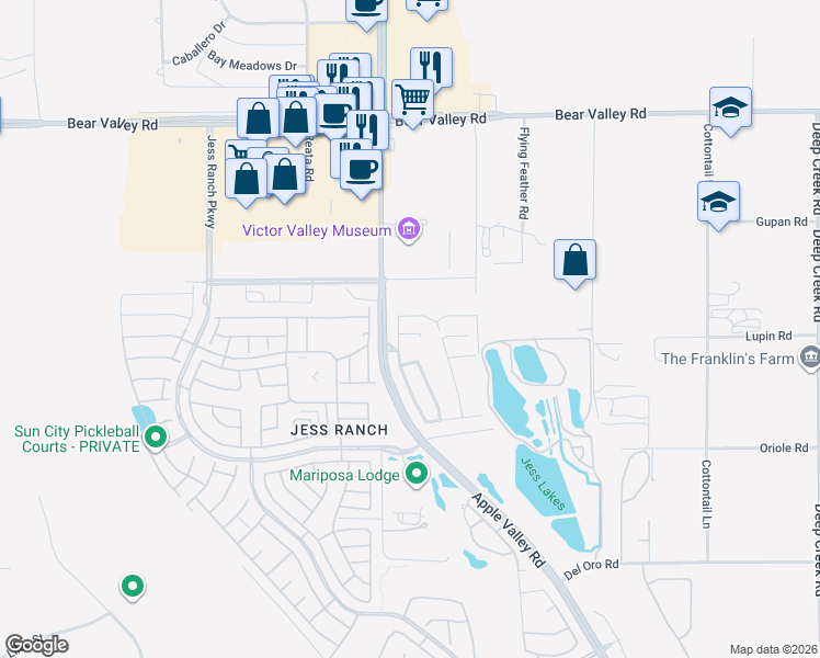 map of restaurants, bars, coffee shops, grocery stores, and more near 19324 Birdie Way in Apple Valley