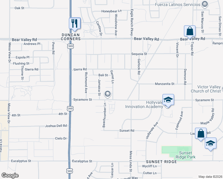 map of restaurants, bars, coffee shops, grocery stores, and more near 11737 Garret Lane in Victorville