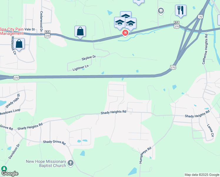 map of restaurants, bars, coffee shops, grocery stores, and more near 128 Haymaker Place in Hot Springs