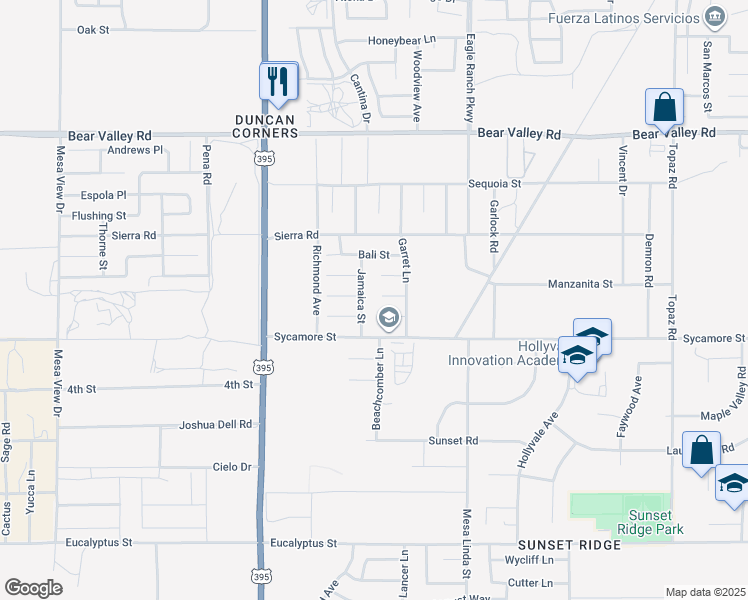 map of restaurants, bars, coffee shops, grocery stores, and more near 12321 Tahiti Street in Victorville