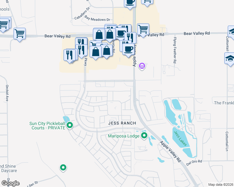 map of restaurants, bars, coffee shops, grocery stores, and more near 19183 Elm Drive in Apple Valley