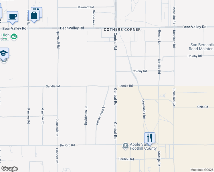 map of restaurants, bars, coffee shops, grocery stores, and more near 22427 Sandia Road in Apple Valley