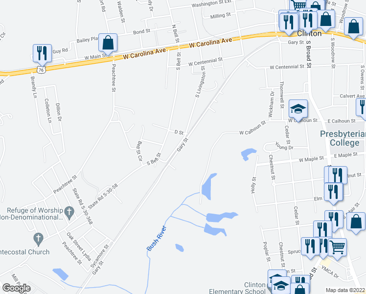 map of restaurants, bars, coffee shops, grocery stores, and more near 511 Gary Street in Clinton