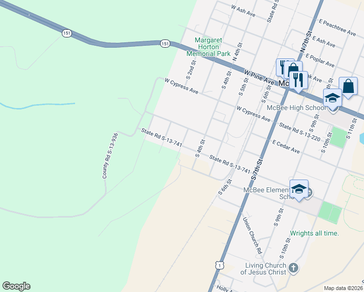 map of restaurants, bars, coffee shops, grocery stores, and more near 362 West Maple Avenue in McBee