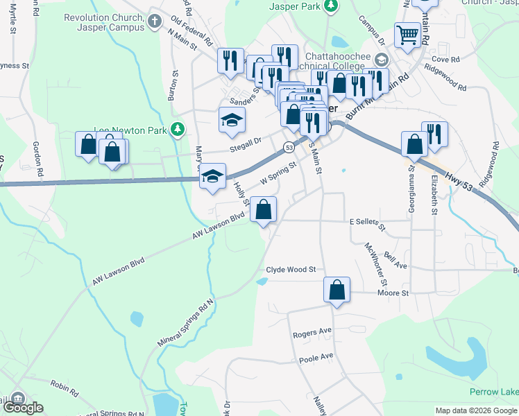 map of restaurants, bars, coffee shops, grocery stores, and more near 1 Appalachian Trail in Jasper