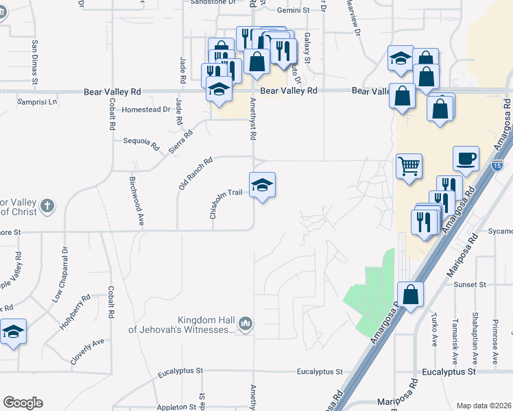 map of restaurants, bars, coffee shops, grocery stores, and more near 11700 Amethyst Road in Victorville