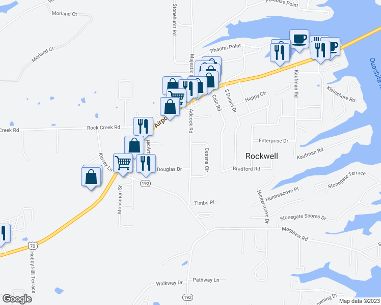 map of restaurants, bars, coffee shops, grocery stores, and more near 200 Adcock Road in Rockwell