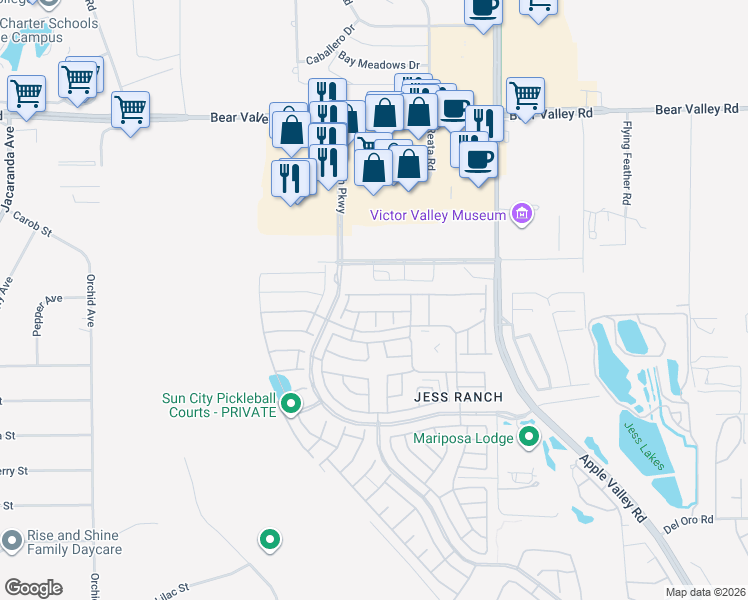 map of restaurants, bars, coffee shops, grocery stores, and more near 11689 Cedar Court in Apple Valley