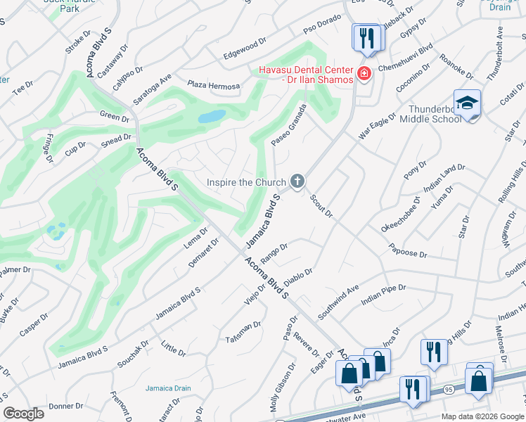 map of restaurants, bars, coffee shops, grocery stores, and more near 2654 Jamaica Boulevard South in Lake Havasu City