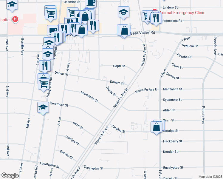 map of restaurants, bars, coffee shops, grocery stores, and more near 17404 Trinity Drive in Hesperia
