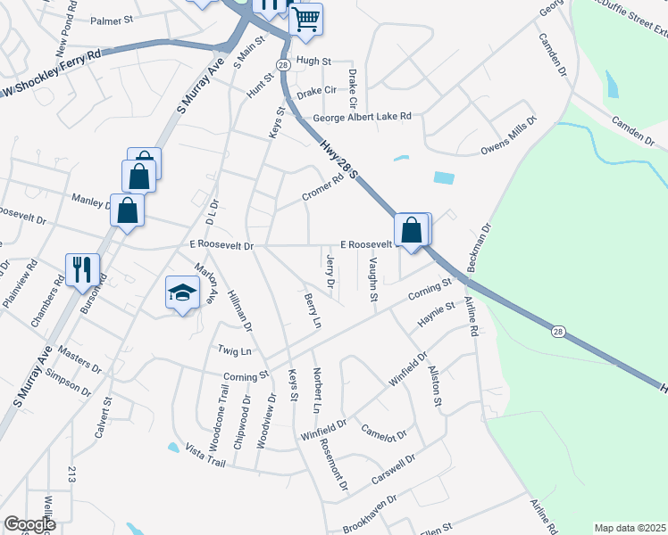 map of restaurants, bars, coffee shops, grocery stores, and more near 3323 Jerry Drive in Anderson