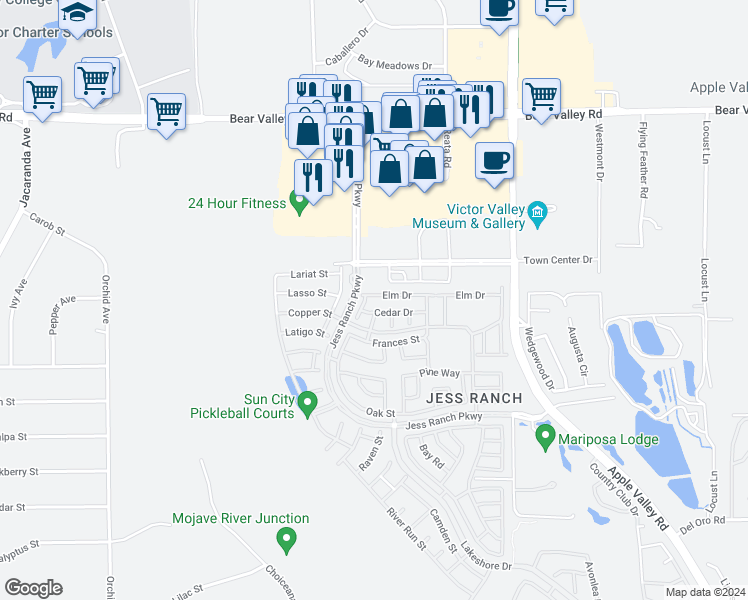 map of restaurants, bars, coffee shops, grocery stores, and more near 19029 Elm Drive in Apple Valley