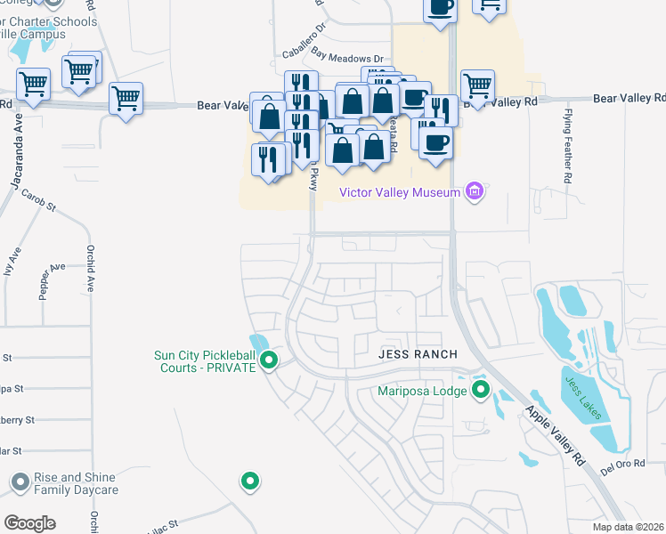 map of restaurants, bars, coffee shops, grocery stores, and more near 19037 Elm Drive in Apple Valley