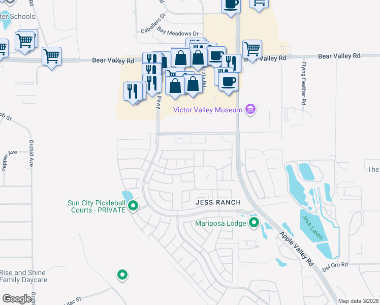 map of restaurants, bars, coffee shops, grocery stores, and more near 19139 Elm Drive in Apple Valley