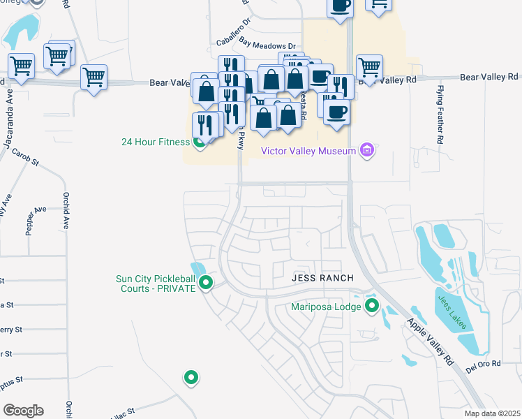 map of restaurants, bars, coffee shops, grocery stores, and more near 19049 Elm Drive in Apple Valley