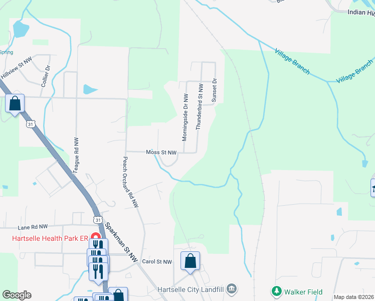 map of restaurants, bars, coffee shops, grocery stores, and more near 498 Moss Street Northwest in Hartselle
