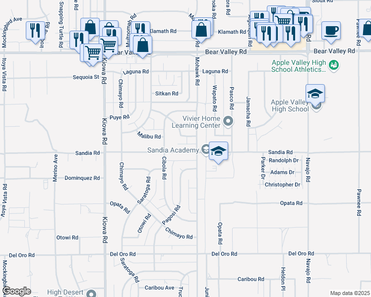 map of restaurants, bars, coffee shops, grocery stores, and more near 21224 Sandia Road in Apple Valley