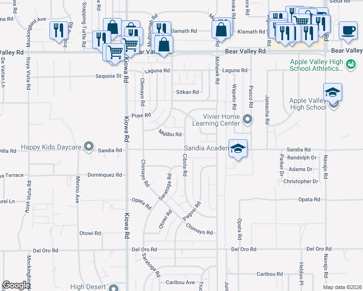 map of restaurants, bars, coffee shops, grocery stores, and more near 21145 Sandia Road in Apple Valley